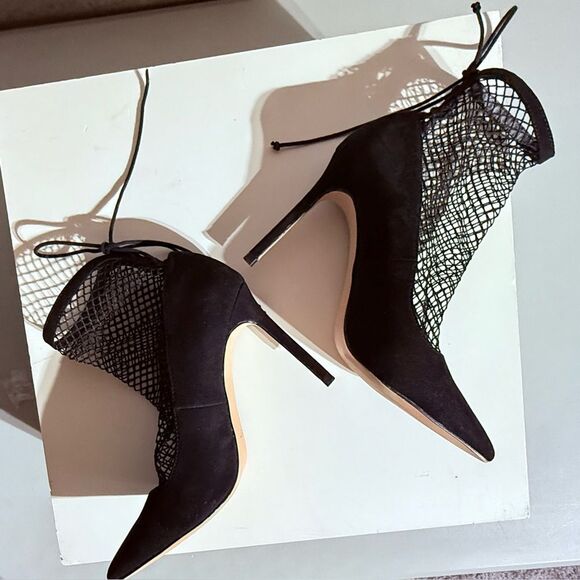 Zara Suede Black Fishnet Sock Heels Shoes Sz 38(7.5) - Picture 4 of 13